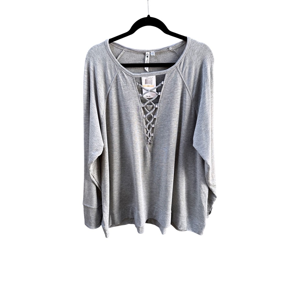 Cable & Gauge Woman Heather Grey Lace Up Neck Long Sleeve Top 2X NWT